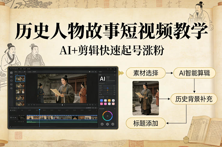 历史人物故事短视频教学，AI+剪辑制作历史人物题材短视频，快速起号涨粉-副业终点站