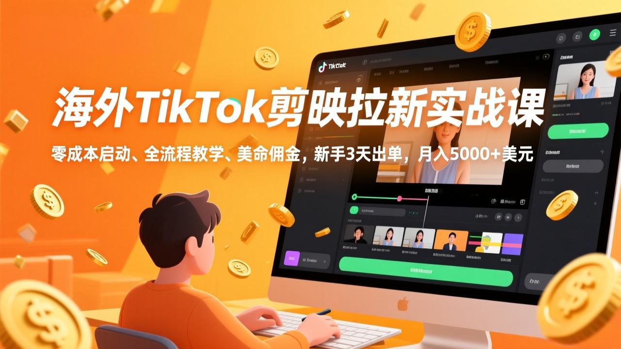 海外TikTok剪映拉新实战课，零成本启动、全流程教学、美金佣金，新手3天出单，月入5000+美元-副业终点站