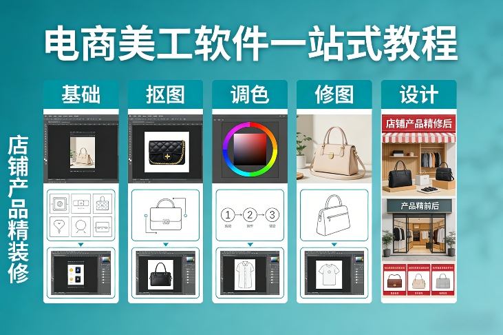 电商美工软件一站式教程，基础/抠图/调色/修图/设计，店铺产品精装修-副业终点站