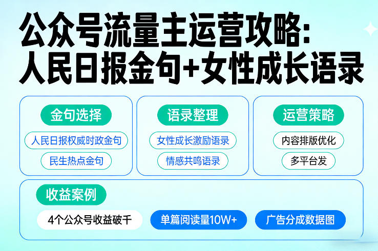 利用人民日报金句+女性成长语录做公众号流量主，4个公众号收益破千-副业终点站