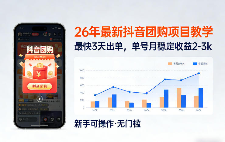 26年最新抖音团购项目教学，0门槛，最快3天出单，单号月稳定收益2-3k(更新3月11日)-副业终点站
