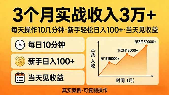 3个月实战收入3万+，每天操作10几分钟，新手轻松日入100+，当天见收益-副业终点站