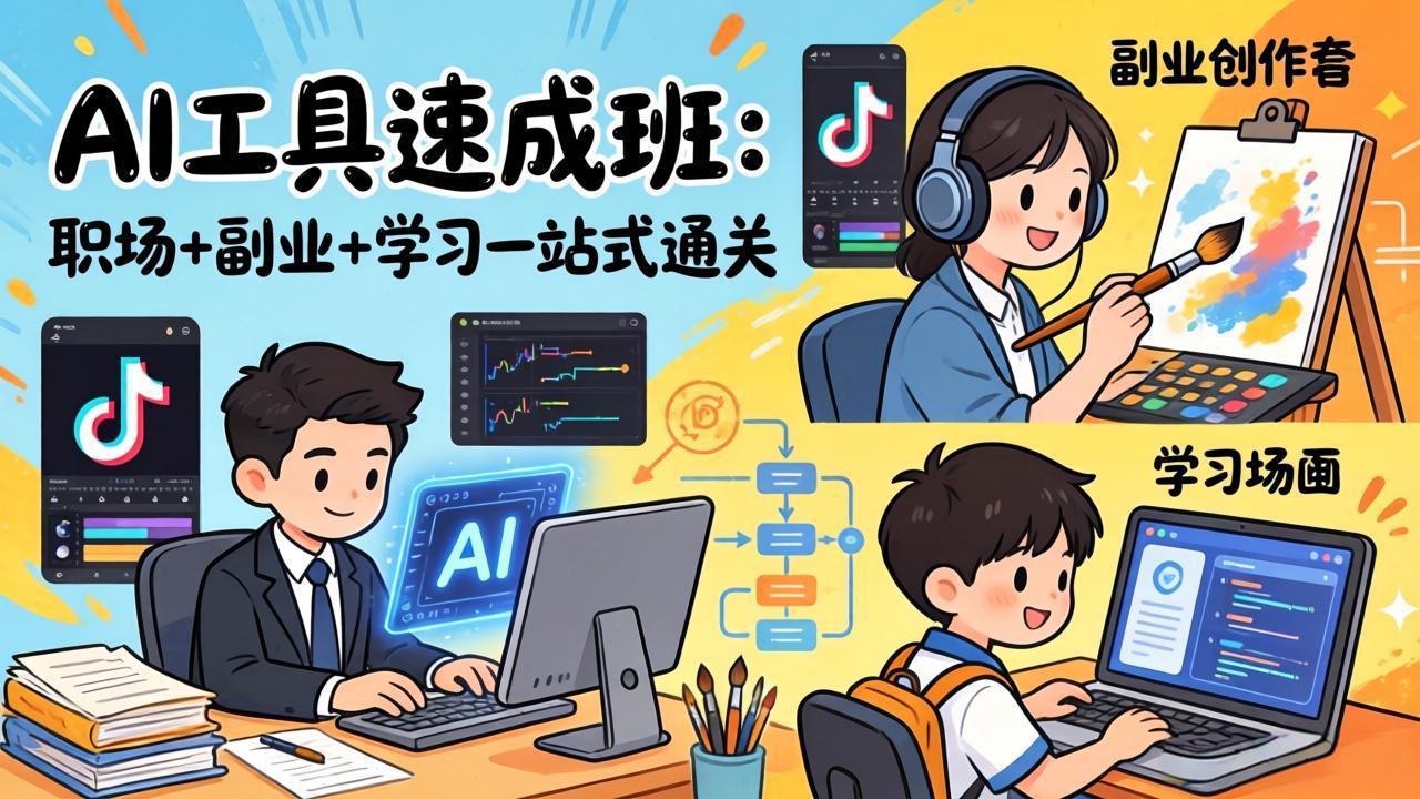 AI工具速成班：职场+副业+学习一站式通关，20+爆款类型+剪映技巧+抖音算法，0基础快速上手-副业终点站