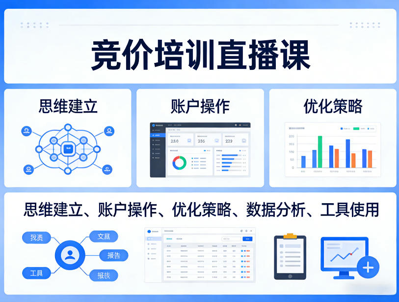 竞价培训直播课，覆盖思维建立、账户操作、优化策略、数据分析、工具使用等，全方位提升效果-副业终点站