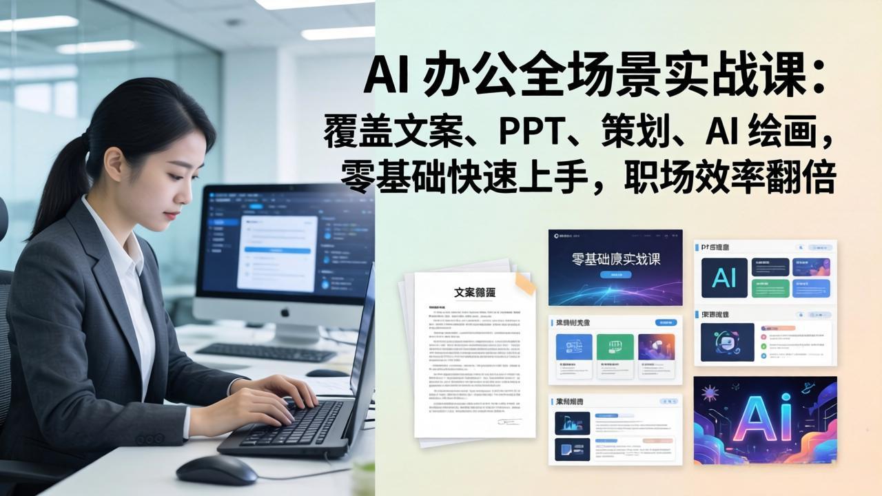 AI 办公全场景实战课：覆盖文案、PPT、策划、AI 绘画，零基础快速上手，职场效率翻倍-副业终点站