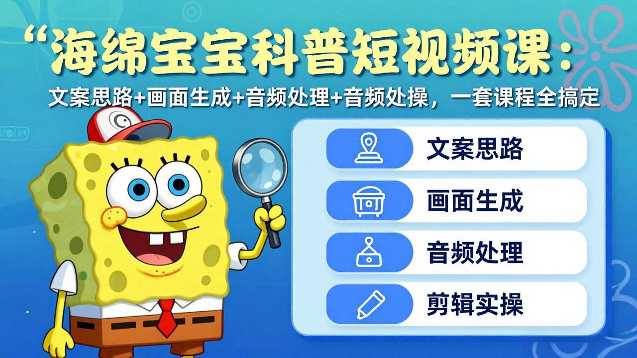 海绵宝宝科普短视频课：文案思路+画面生成+音频处理+剪辑实操，一套课程全搞定-副业终点站