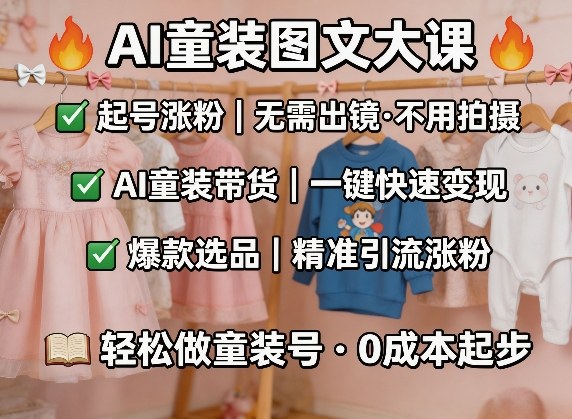 AI童装图文剪辑，某社群童装图文大课，起号涨粉、AI童装带货、爆款选品，无需出镜和拍摄-副业终点站