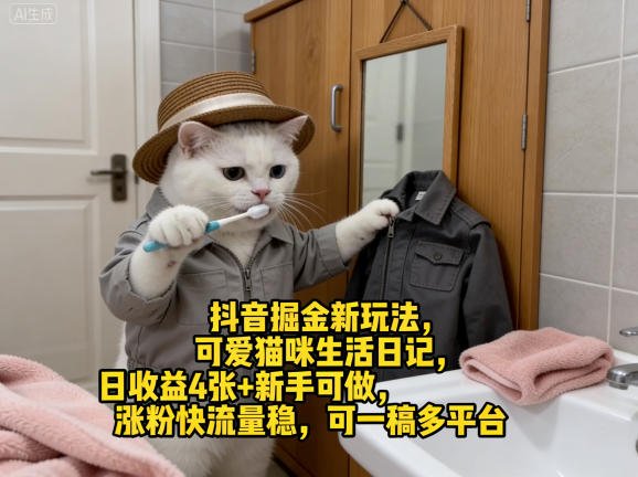 抖音掘金新玩法，可爱猫咪生活日记，日收益4张+新手可做，涨粉快流量稳，可一稿多平台-副业终点站