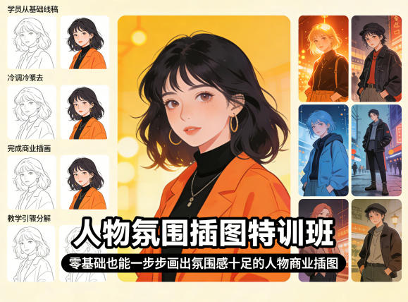 人物氛围插图特训班，零基础也能一步步画出氛围感十足的人物商业插图-副业终点站
