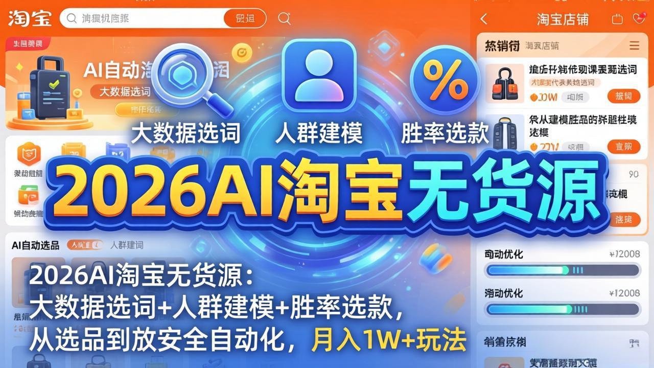 2026AI淘宝无货源-4月更新：大数据选词+人群建模+胜率选款，从选品到放大全自动化，月入1W+玩法-副业终点站