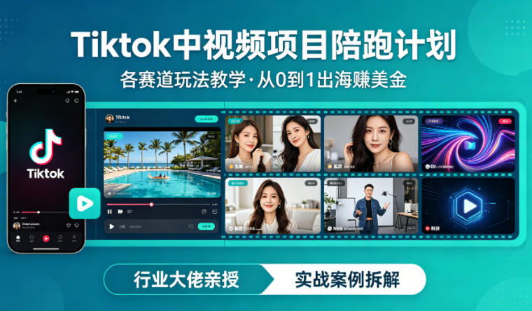 某大佬的Tiktok中视频项目陪跑，涵盖TK各个赛道玩法教学，从0到1出海賺美金-副业终点站