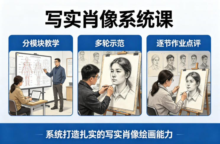 写实肖像系统课，全程分模块教学+多轮示范+逐节作业点评，系统打造扎实的写实肖像绘画能力-副业终点站