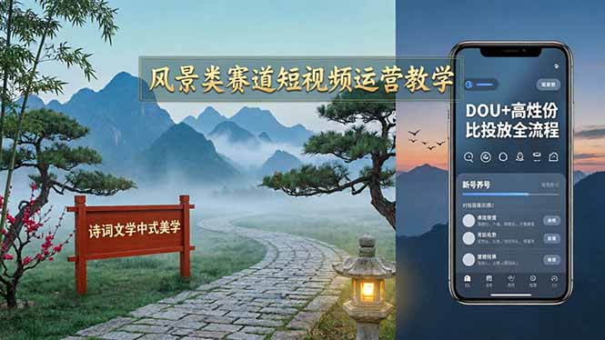风景类赛道短视频运营教学：诗词文学中式美学，新号养号对标账号定位，DOU+高性价比投放全流程-副业终点站