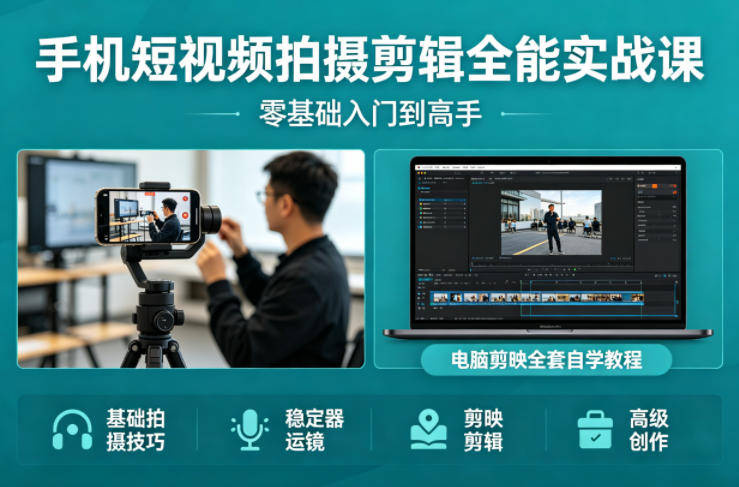 手机短视频拍摄剪辑全能实战课：零基础入门到高手，稳定器运镜+电脑剪映全套自学教程-副业终点站