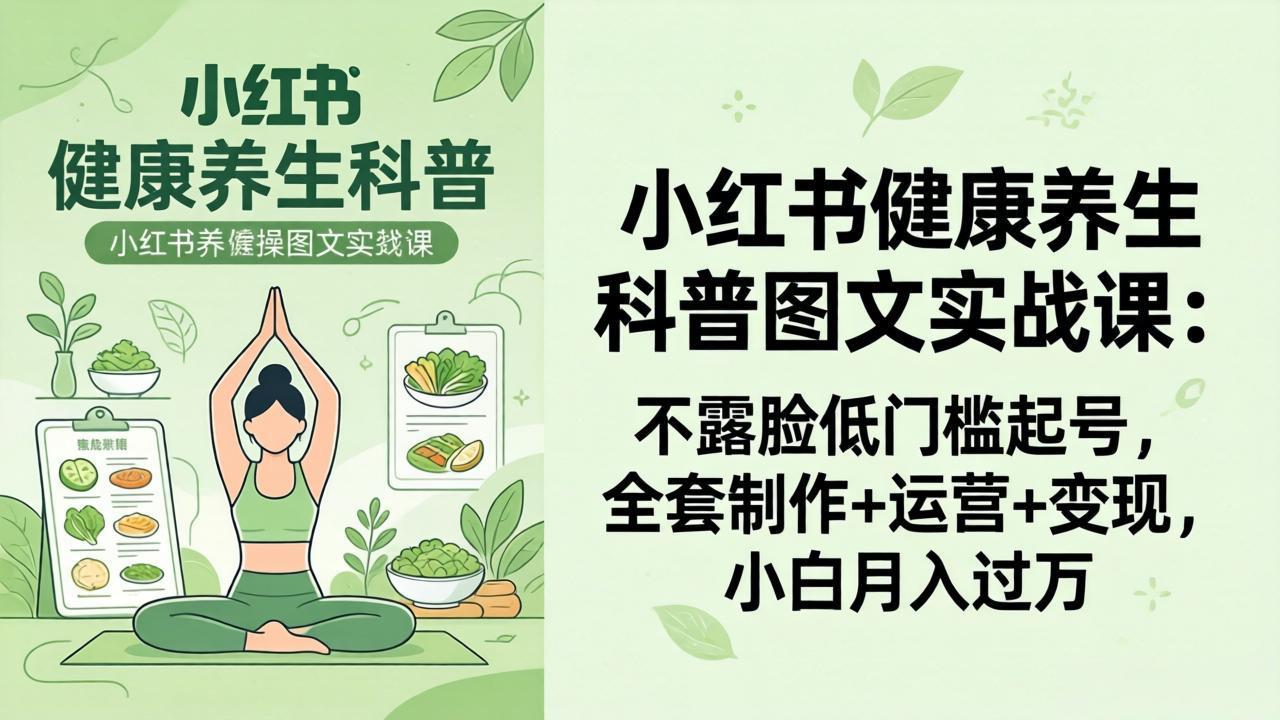 2026小红书健康养生科普图文实战课：不露脸低门槛起号，全套制作+运营+变现，小白月入过万-副业终点站