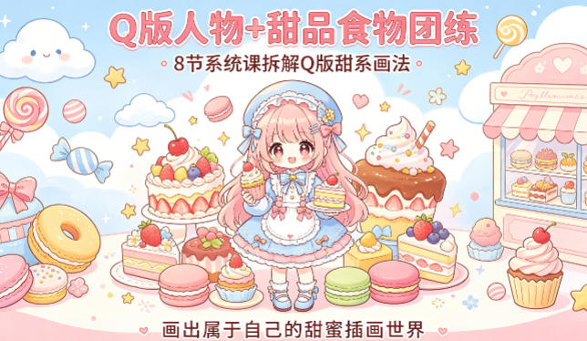 Q版人物+甜品食物团练，8节系统课拆解Q版甜系画法，画出属于自己的甜蜜插画世界-副业终点站