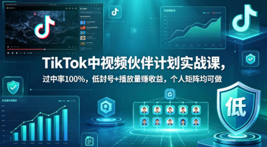 TikTok中视频伙伴计划实战课，过中率100%，低封号+播放量賺收益，个人矩阵均可做-副业终点站