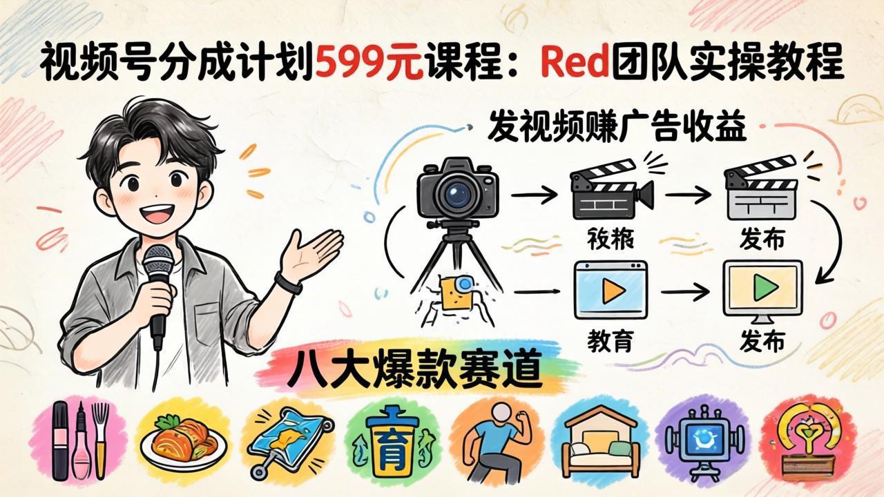 视频号分成计划599元课程：Red团队实操教程，发视频赚广告收益，八大爆款赛道全掌握-副业终点站