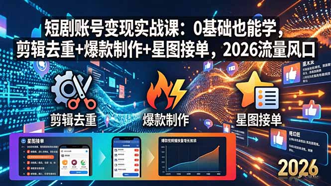 短剧账号变现实战课：0基础也能学，剪辑去重+爆款制作+星图接单，2026流量风口-副业终点站