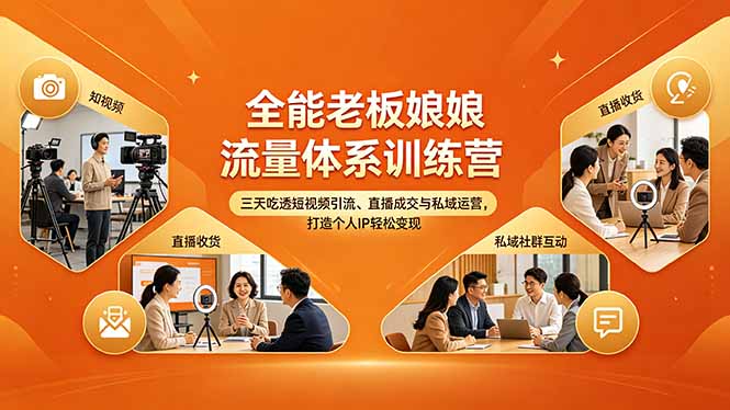 全能老板娘流量体系训练营，三天吃透短视频引流、直播成交与私域运营，打造个人IP轻松变现-副业终点站