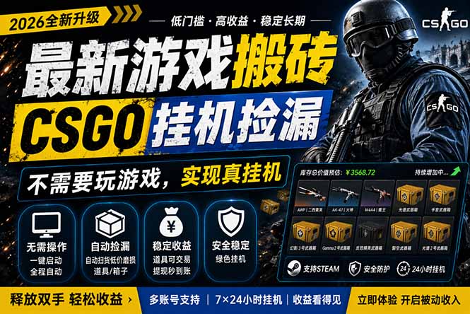 最新游戏搬砖，CSGO纯挂机，不需要玩游戏，实现真挂机，月入1W+，五一小高峰上车可吃肉，...-副业终点站