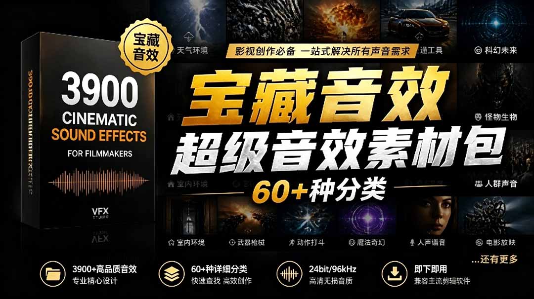 宝藏音效合集包！60+多种音效分类，共计3900个，分类清晰，全中文分类，高品质剪辑音效素材包-副业终点站