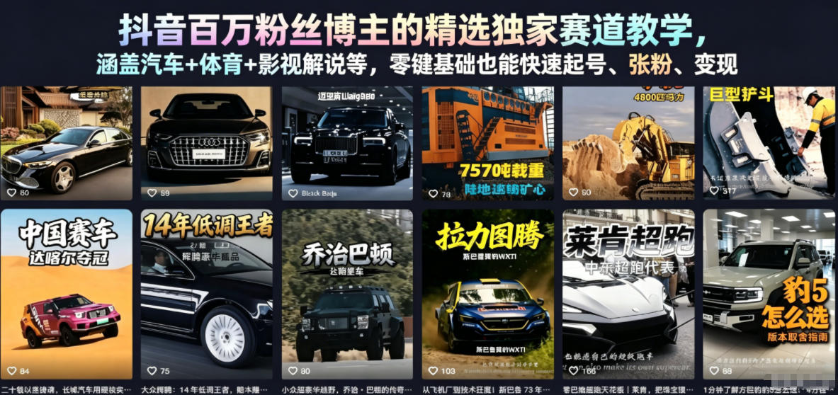 抖音百万粉丝博主的精选独家赛道教学，涵盖汽车+体育+影视解说等，零基础也能快速起号、涨粉、变现-副业终点站