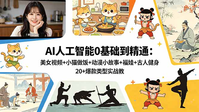 AI人工智能0基础到精通：美女视频+小猫做饭+动漫小故事+福娃+古人健身，20+爆款类型实战教学-副业终点站