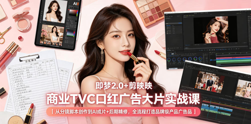 即梦2.0+剪映商业TVC口红广告大片实战课｜从分镜脚本创作到AI成片+后期精修，全流程打造品牌级产品广告-副业终点站