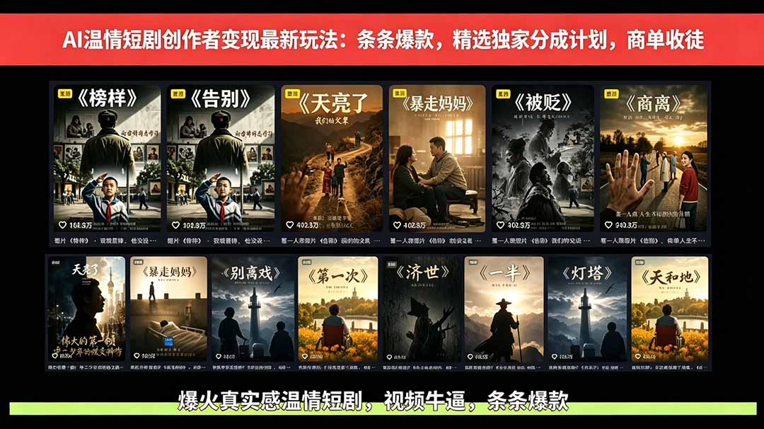 AI温情短剧创作者变现最新玩法：视频牛逼，条条爆款，精选独家分成计划，商单收徒-副业终点站