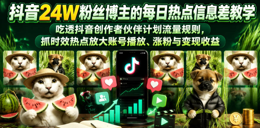 抖音24W粉丝博主的每日热点信息差教学,吃透创作者伙伴计划流量规则,抓时效热点放大账号播放、涨粉与变现收益-副业终点站