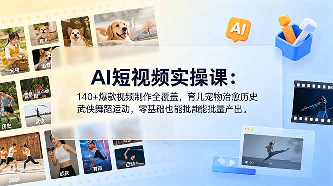 AI短视频实操课:140+爆款视频制作全覆盖,育儿宠物治愈历史武侠舞蹈运动,零基础也能批量产出-副业终点站