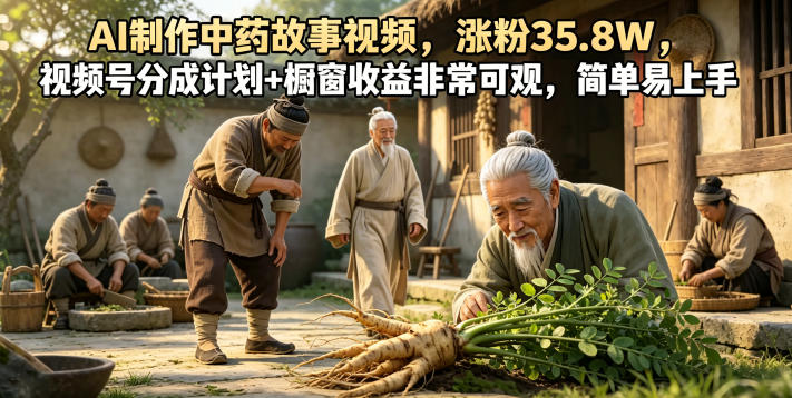 AI制作中药故事视频，涨粉35.8W，视频号分成计划+橱窗收益非常可观，简单易上手-副业终点站