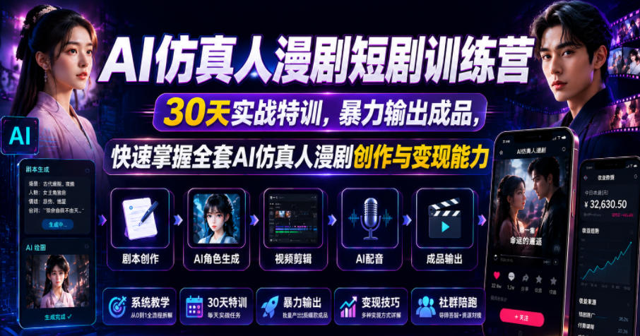 AI仿真人漫剧短剧训练营，30天实战特训，暴力输出成品，快速掌握全套AI仿真人漫剧创作与变现能力-副业终点站