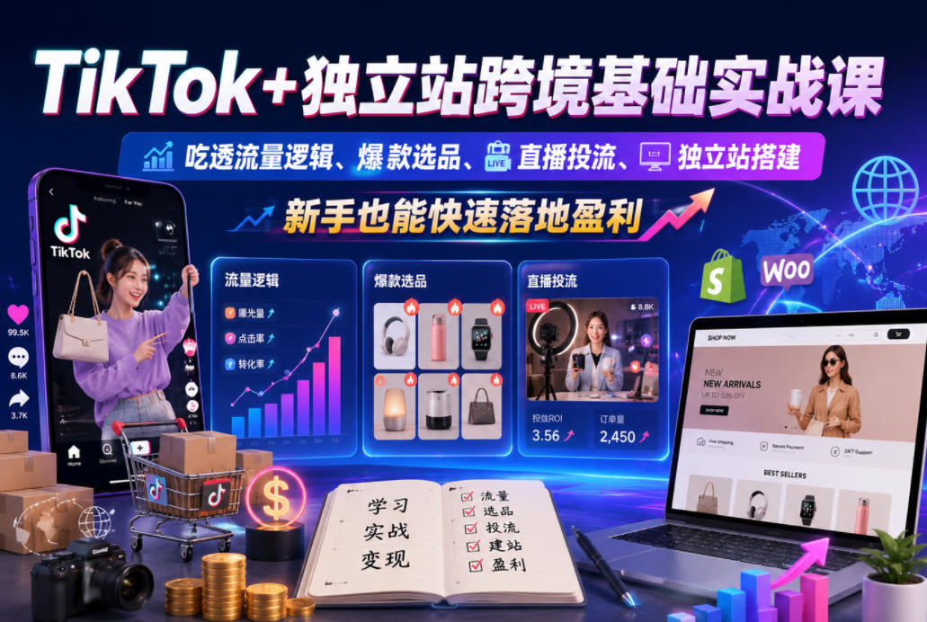 TikTok+独立站跨境基础实战课,吃透流量逻辑、爆款选品、直播投流与独立站搭建,新手也能快速落地盈利-副业终点站