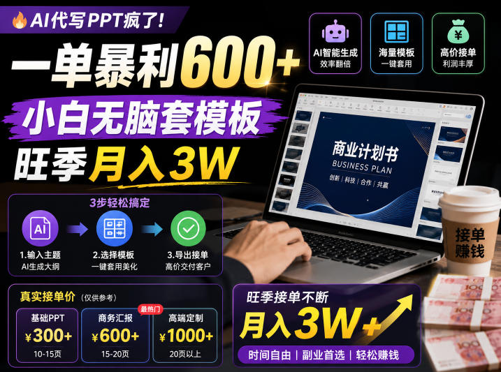 AI代写PPT疯了!一单暴利600+,小白无脑套模板,旺季月入3W,不用苦哈哈引流【揭秘】-副业终点站