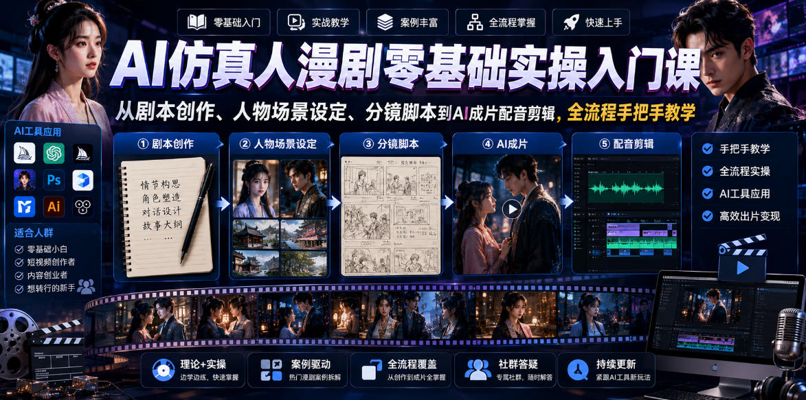 AI仿真人漫剧零基础实操入门课,从剧本创作、人物场景设定、分镜脚本到AI成片配音剪辑,全流程手把手教学-副业终点站