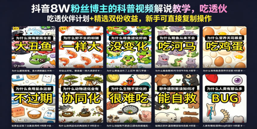 抖音8W粉丝博主的科普视频解说教学，吃透伙伴计划+精选双份收益，新手可直接复制操作-副业终点站