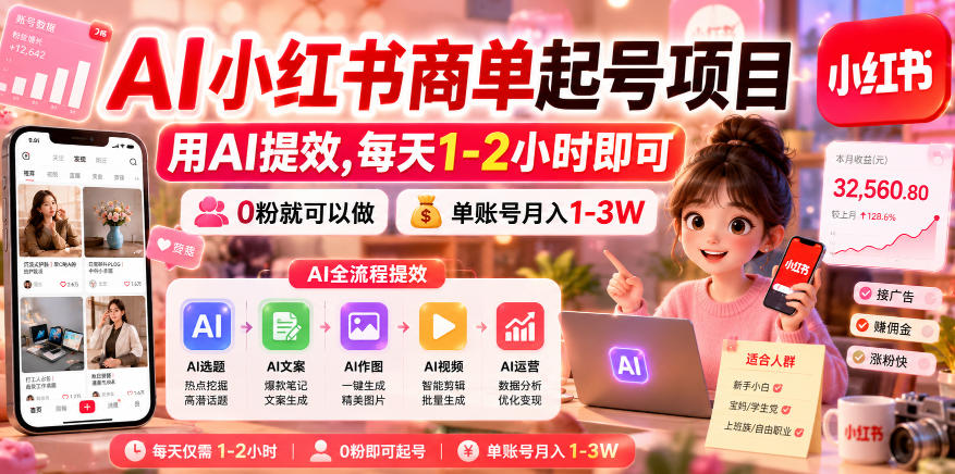 AI小红书商单起号项目,用AI提效,每天1-2小时即可,0粉就可以做,单账号月入1-3W-副业终点站