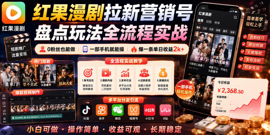 红果漫剧拉新营销号盘点玩法全流程实战,0粉丝也能做,一部手机就能做,爆一条单日收益2k+-副业终点站