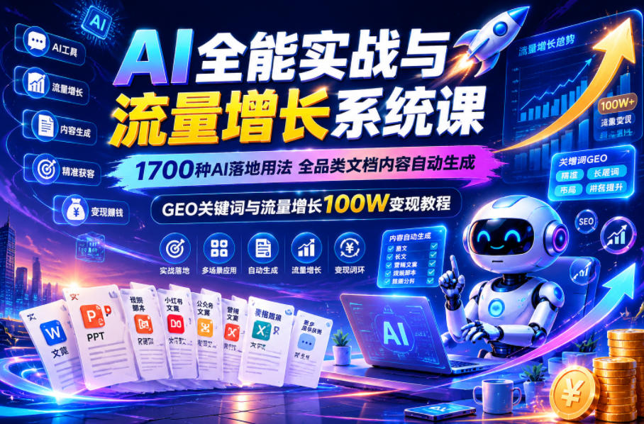 AI全能实战与流量增长系统课，1700种AI落地用法，全品类文档内容自动生成，GEO关键词与流量增长100W变现教程-副业终点站