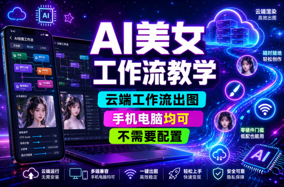 AI美女工作流教学,云端工作流出图,手机电脑均可,不需要配置,快速起号涨粉-副业终点站