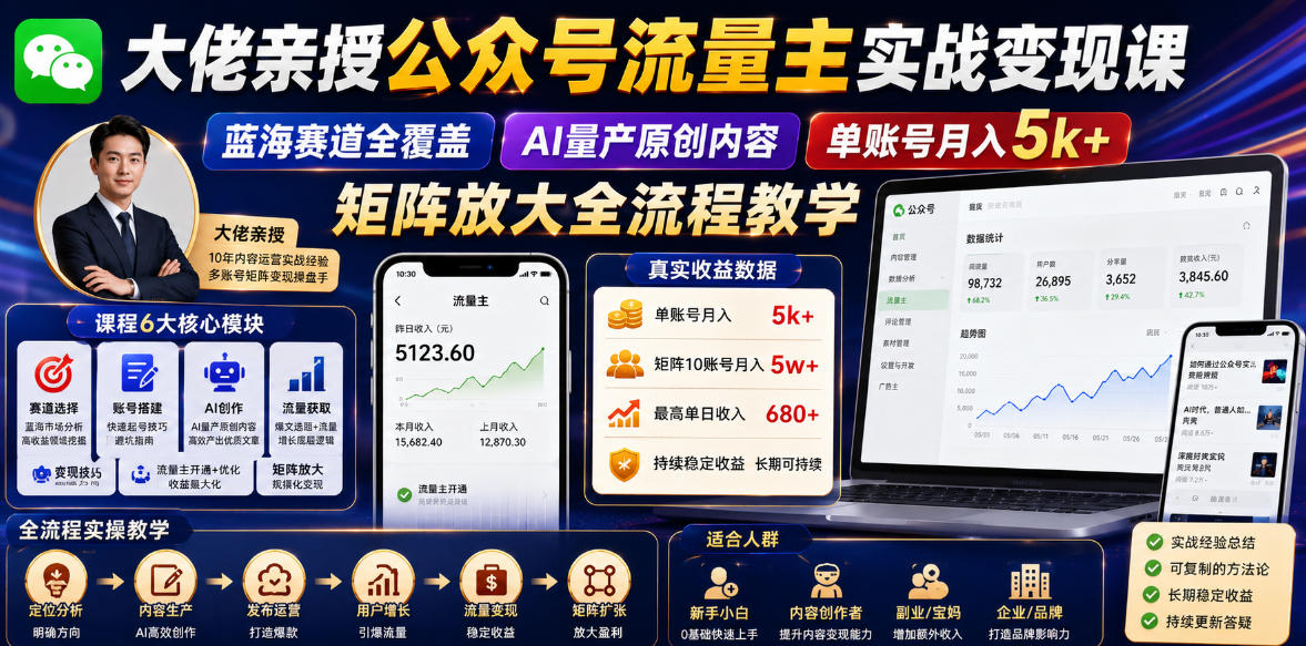 大佬亲授公众号流量主实战变现课，蓝海赛道全覆盖，AI量产原创内容，单账号月入5k+矩阵放大全流程教学-副业终点站