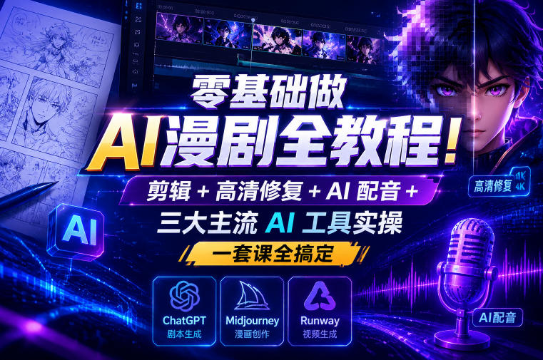 零基础做AI漫剧全教程！剪辑+高清修复+AI配音+三大主流AI工具实操，一套课全搞定-副业终点站