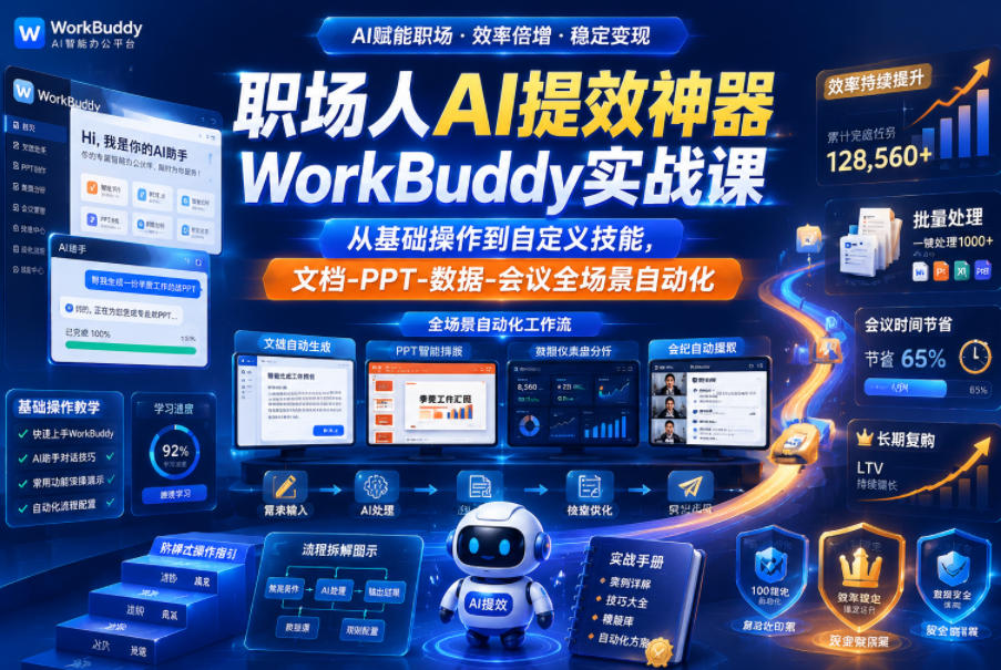 职场人AI提效神器WorkBuddy实战课，从基础操作到自定义技能，文档-PPT-数据-会议全场景自动化-副业终点站