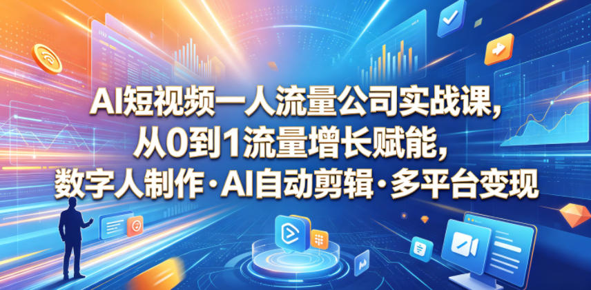 AI短视频一人流量公司实战课，从0到1流量增长赋能，数字人制作・AI自动剪辑・多平台变现，一人做流量生意全落地教程-副业终点站