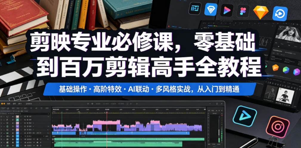 剪映专业必修课，零基础到百万剪辑高手全教程，基础操作・高阶特效・AI联动・多风格实战，从入门到精通-副业终点站