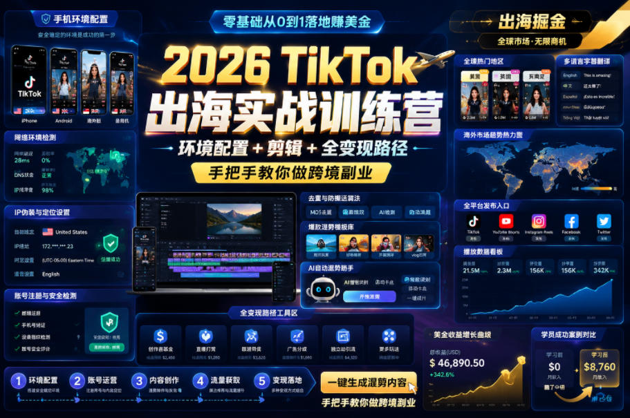 2026 TikTok出海实战训练营，环境配置 + 剪辑 + 全变现路径，手把手教你做跨境副业-副业终点站