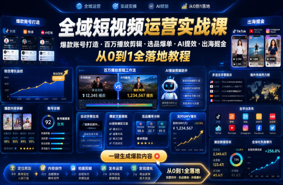 全域短视频运营实战课，爆款账号打造・百万播放剪辑・选品爆单・AI提效・出海掘金，从0到1全落地教程-副业终点站
