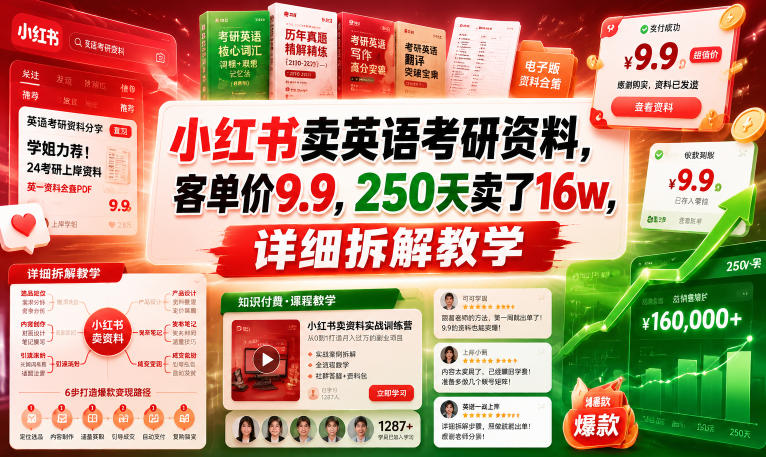 小红书卖英语考研资料，客单价9.9，250天卖了16w，详细拆解教学-副业终点站